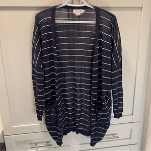 MOLLY BRACKEN Navy and White Striped Cardigan Lightweight Semi-Sheer Sweater